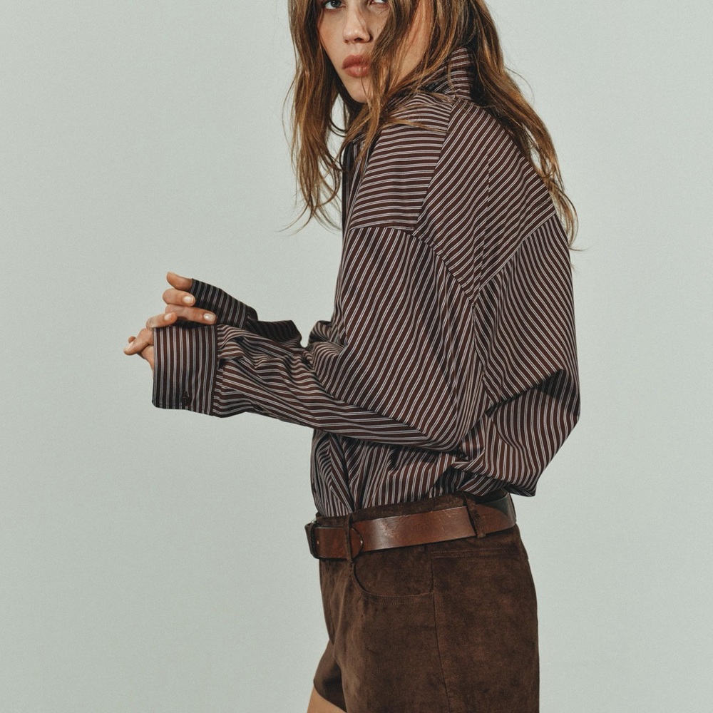 Zara Womens Brown and White Striped poplin